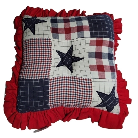 Country Patchwork quilt Plaid Star Red White Blue quilted ruffle pillow - Picture 1 of 11
